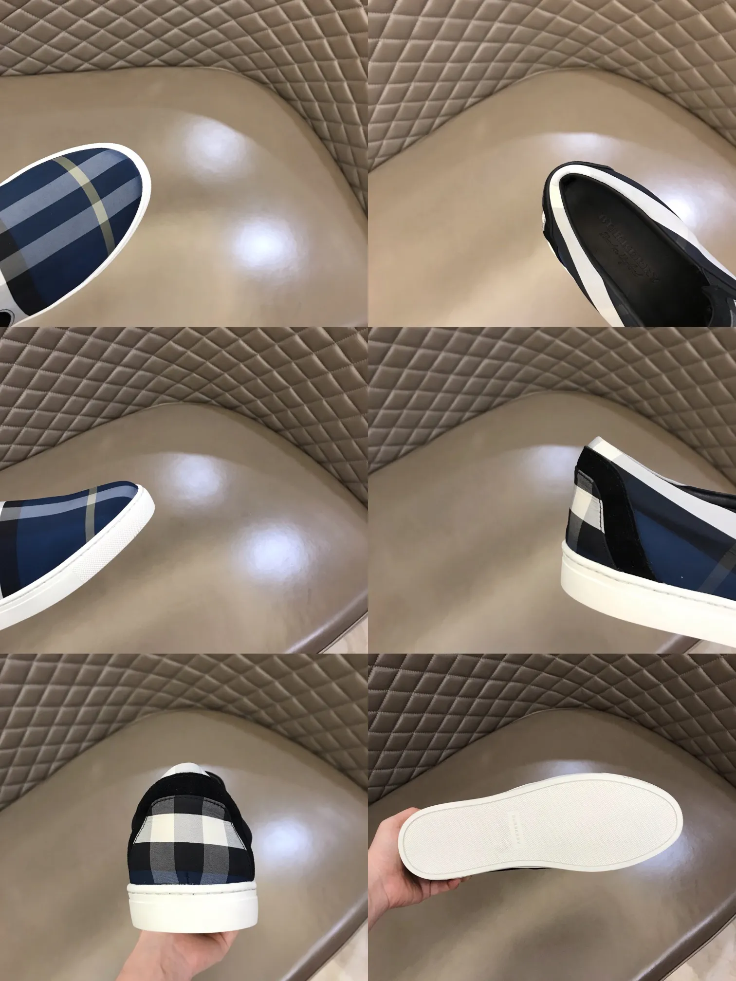 p340 "BURBERR*" men's classic low-top sneakers are reinterpreted in Vintage checkered cotton and matte calfskin, decorated with a new brand logo. First-layer sheepskin lining, embossed Burberry logo on the heel, and original TPU outsole! Size: 38-44